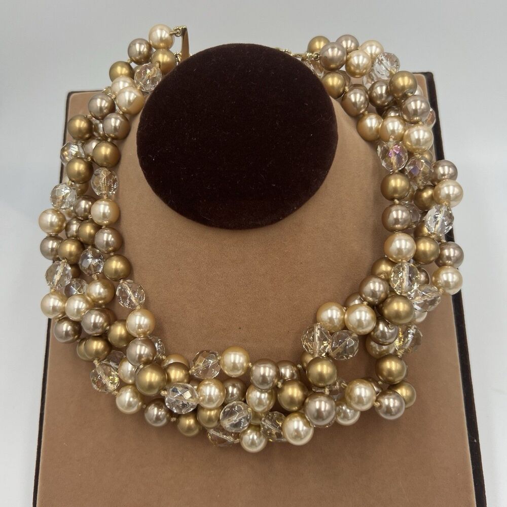 Timeless Vintage Carolee 4 Strand Pearl Aurora Borealis Crystal Glass beads 16"